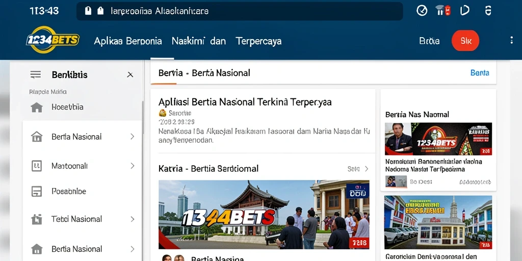 Antarmuka menarik aplikasi 1234BETS yang menampilkan berita nasional.