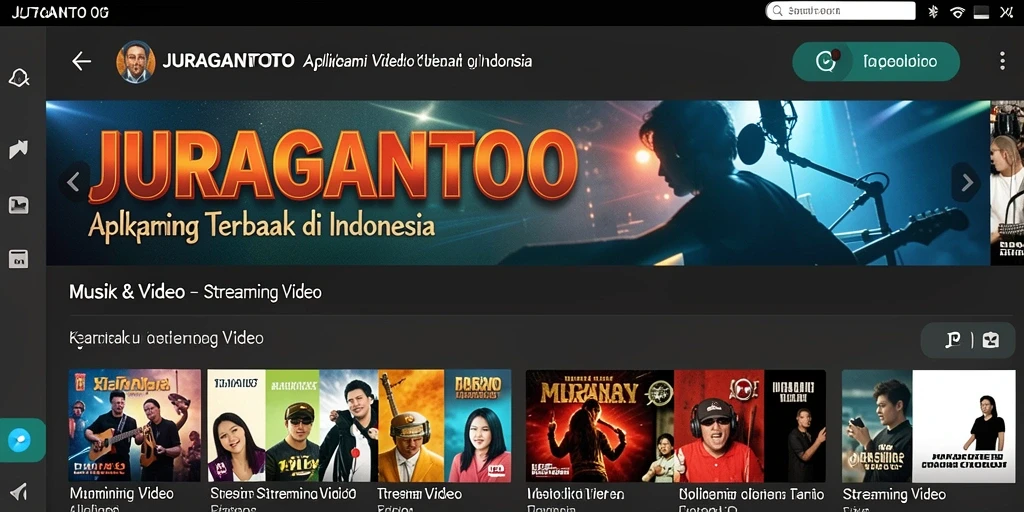 Antarmuka aplikasi JURAGANTOTO yang menampilkan koleksi video dan musik.